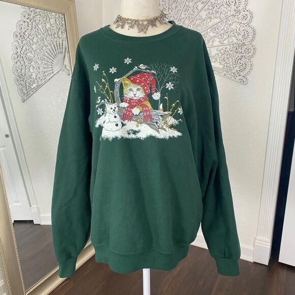 Jerzees VTG Nostalgia Cat Dark Green Christmas Snow Crewneck Sweater M - Picture 4 of 7
